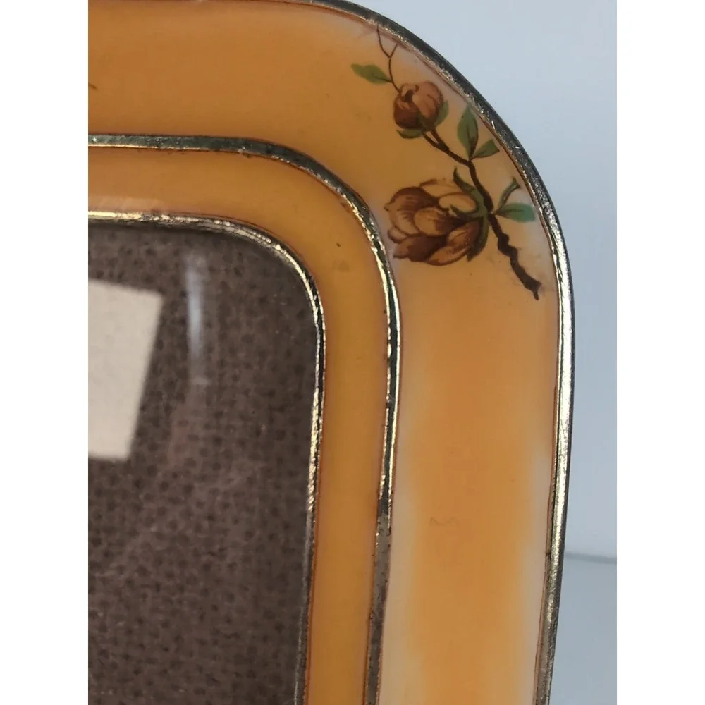 Heavy Enamel Floral Picture Frame 5x6 Vintage Gold tone Metal W/Roses